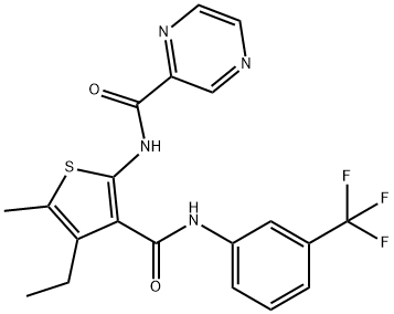 N-[4-ethyl-5-methyl-3-[[3-(trifluoromethyl)phenyl]carbamoyl]thiophen-2-yl]pyrazine-2-carboxamide Struktur