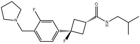 Cyclobutanecarboxamide, 3-fluoro-3-[3-fluoro-4-(1-pyrrolidinylmethyl)phenyl]-N-(2-methylpropyl)-, cis- Struktur