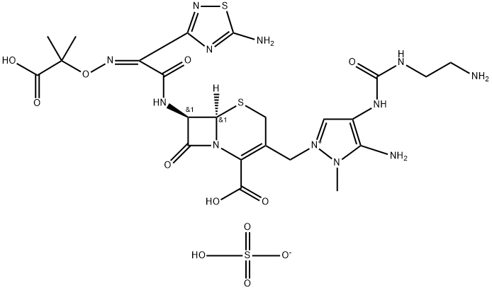 5-amino-2-(((6R,7R)-7-((Z)-2-(5-amino-1,2,4-thiadiazol-3-yl)-2-(((2-carboxypropan-2-yl)oxy)imino)acetamido)-2-carboxy-8-oxo-5-thia-1-azabicyclo[4.2.0]oct-2-en-3-yl)methyl)-4-(3-(2-aminoethyl)ureido)-1-methyl-1H-pyrazol-2-iumhydrogensulfate Struktur
