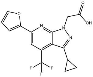 2-[3-Cyclopropyl-6-(2-furyl)-4-(trifluoromethyl)pyrazolo[3,4-b]pyridin-1-yl]acetic acid Struktur