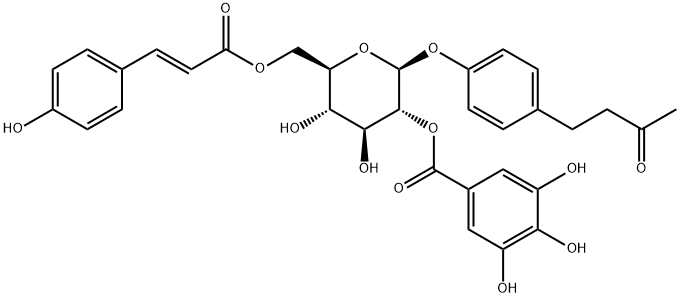 4-(3-oxobutyl)phenyl 6-O-[(2E)-3-(4-hydroxyphenyl)prop-2-enoyl]-2-O-(3,4,5-trihydroxybenzoyl)-b-D-glucopyranoside Struktur