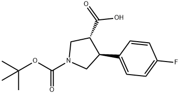 (+/-)-trans-1-Boc-4-(4-fluoro-phenyl)-pyrrolidine-3-carboxylic acid 化学構造式
