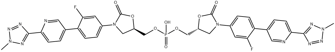 bis(((R)-3-(3-fluoro-4-(6-(2-methyl-2H-tetrazol-5-yl)pyridin-3-yl)phenyl)-2-oxooxazolidin-5-yl)methyl) hydrogen phosphate 化学構造式