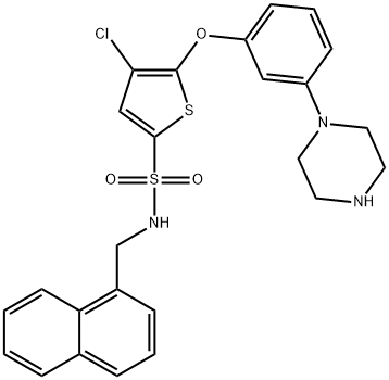 N-(1-ナフチルメチル)-4-クロロ-5-(3-ピペラジノフェノキシ)チオフェン-2-スルホンアミド 化学構造式