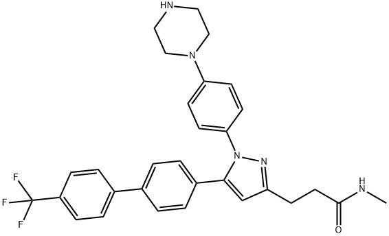 N-methyl-3-(1-(4-(piperazin-1-yl)phenyl)-5-(4'-(trifluoromethyl)-[1,1'-biphenyl]-4-yl)-1H-pyrazol-3-yl)propanamide 化学構造式