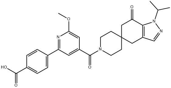 4-(4-(1-isopropyl-7-oxo-1,4,6,7-tetrahydrospiro[indazole-5,4'-piperidine]-1'-carbonyl)-6-methoxypyridin-2-yl)benzoicacid Structure