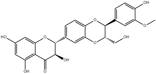 (2R,3R)-3,5,7-Trihydroxy-2-[(2S,3S)-2-(4-hydroxy-3-methoxyphenyl)-3-(hydroxymethyl)-2,3-dihydrobenzo[1,4]dioxin-6-yl]-4-chromanone Struktur