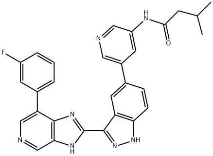 N-[5-[3-[7-(3-フルオロフェニル)-3H-イミダゾ[4,5-c]ピリジン-2-イル]-1H-インダゾール-5-イル]-3-ピリジル]-3-メチルブタンアミド 化学構造式