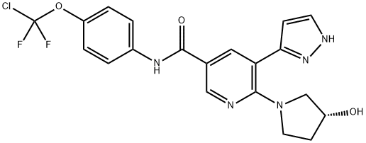 (R)-N- (4-(chlorodifluoromethoxy)phenyl)- 6-(3- hydroxypyrrolidin-1- yl)-5- (1H-pyrazol- 5-yl)nicotinamide Struktur