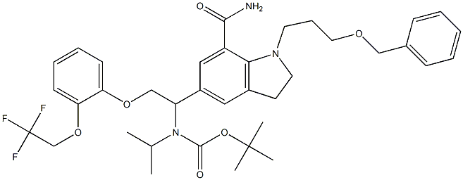 tert-butyl (2R)-1-[1-(3-benzyloxypropyl)-7-carbamoyl-indolin-5--yl]propan-2-yl2-[2-(2,2,2-trifluoroethoxy)phenoxy]ethylcarbamate 化学構造式