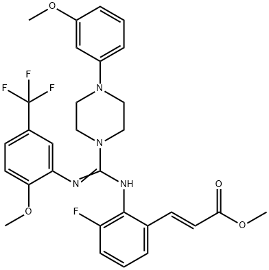 2-Propenoic acid, 3-[3-fluoro-2-[[[4-(3-methoxyphenyl)-1-piperazinyl][[2-methoxy-5-(trifluoromethyl)phenyl]imino]methyl]amino]phenyl]-, methyl ester, (2E)- Structure