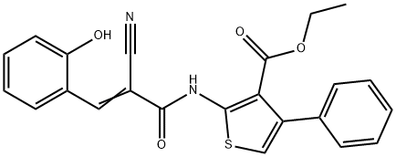 ethyl 2-{[(2E)-2-cyano-3-(2-hydroxyphenyl)prop-2-enoyl]amino}-4-phenylthiophene-3-carboxylate Struktur