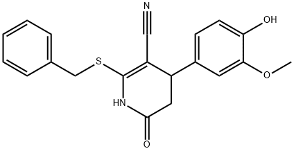 2-(benzylsulfanyl)-4-(4-hydroxy-3-methoxyphenyl)-6-oxo-1,4,5,6-tetrahydro-3-pyridinecarbonitrile Struktur