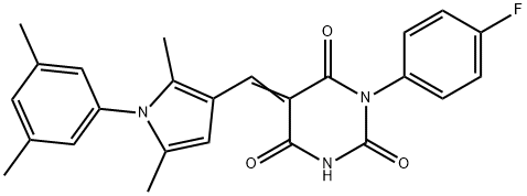 (5E)-5-{[1-(3,5-dimethylphenyl)-2,5-dimethyl-1H-pyrrol-3-yl]methylidene}-1-(4-fluorophenyl)pyrimidine-2,4,6(1H,3H,5H)-trione Struktur