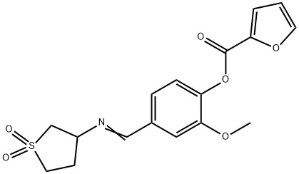 4-{(E)-[(1,1-dioxidotetrahydrothiophen-3-yl)imino]methyl}-2-methoxyphenyl furan-2-carboxylate Struktur