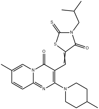 3-[(3-isobutyl-4-oxo-2-thioxo-1,3-thiazolidin-5-ylidene)methyl]-7-methyl-2-(4-methyl-1-piperidinyl)-4H-pyrido[1,2-a]pyrimidin-4-one Struktur