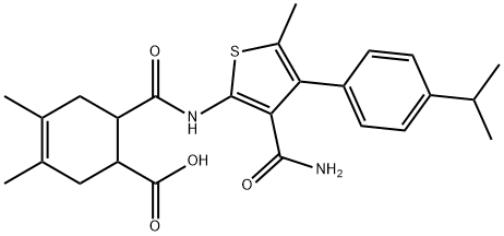 6-((3-carbamoyl-4-(4-isopropylphenyl)-5-methylthiophen-2-yl)carbamoyl)-3,4-dimethylcyclohex-3-enecarboxylic acid Struktur
