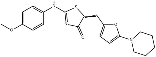 (2E,5Z)-2-[(4-methoxyphenyl)imino]-5-{[5-(piperidin-1-yl)furan-2-yl]methylidene}-1,3-thiazolidin-4-one,444171-86-2,结构式