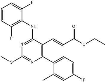 (E)-乙基 3-(4-((2,6-二氟苯基)氨基)-6-(4-氟-2-甲基苯基)-2-(甲硫基)嘧啶-5-基)丙烯酰基酯, 444605-59-8, 结构式