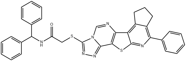 N-benzhydryl-2-((10-phenyl-8,9-dihydro-7H-cyclopenta[4',5']pyrido[3',2':4,5]thieno[2,3-e][1,2,4]triazolo[4,3-c]pyrimidin-3-yl)thio)acetamide Struktur