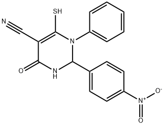 6-Mercapto-2-(4-nitro-phenyl)-4-oxo-1-phenyl-1,2,3,4-tetrahydro-pyrimidine-5-carbonitrile Struktur