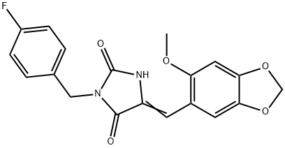 (5E)-3-(4-fluorobenzyl)-5-[(6-methoxy-1,3-benzodioxol-5-yl)methylidene]imidazolidine-2,4-dione Struktur