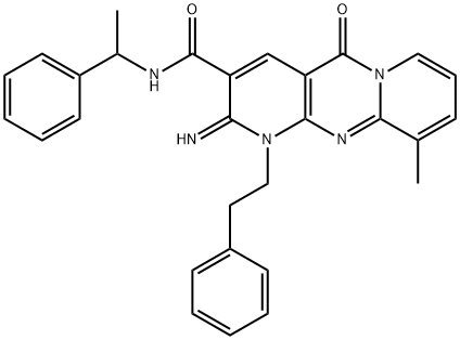 2-imino-10-methyl-5-oxo-N-(1-phenylethyl)-1-(2-phenylethyl)-1,5-dihydro-2H-dipyrido[1,2-a:2',3'-d]pyrimidine-3-carboxamide 结构式