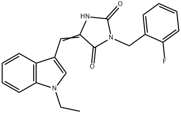 (5E)-5-[(1-ethyl-1H-indol-3-yl)methylidene]-3-(2-fluorobenzyl)imidazolidine-2,4-dione Structure