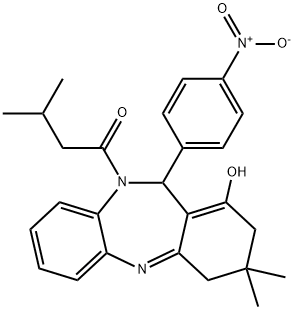 1-(1-hydroxy-3,3-dimethyl-11-(4-nitrophenyl)-3,4-dihydro-2H-dibenzo[b,e][1,4]diazepin-10(11H)-yl)-3-methylbutan-1-one Struktur
