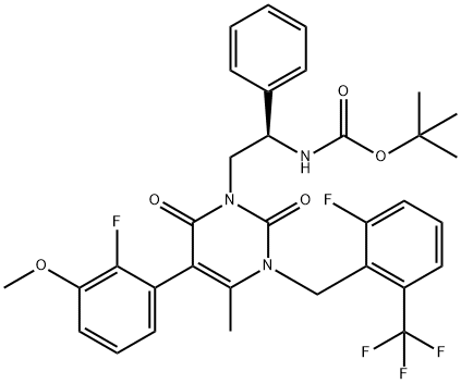 Carbamic acid, N-[(1R)-2-[5-(2-fluoro-3-methoxyphenyl)-3-[[2-fluoro-6-(trifluoromethyl)phenyl]methyl]-3,6-dihydro-4-methyl-2,6-dioxo-1(2H)-pyrimidinyl]-1-phenylethyl]-, 1,1-dimethylethyl ester|N-[(1R)-2-[5-(2-氟-3-甲氧基苯基)-3-[[2-氟-6-(三氟甲基)苯基]甲基]-3,6-二氢-4-甲基-2,6-二氧代-1(2H)-嘧啶基]-1-苯基乙基]氨基甲酸叔丁酯