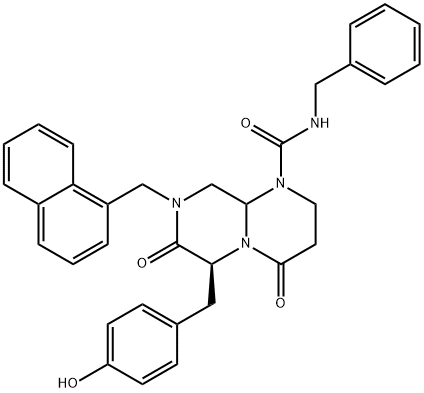 2H-Pyrazino[1,2-a]pyrimidine-1(6H)-carboxamide, hexahydro-6-[(4-hydroxyphenyl)methyl]-8-(1-naphthalenylmethyl)-4,7-dioxo-N-(phenylmethyl)-, (6S)- Struktur