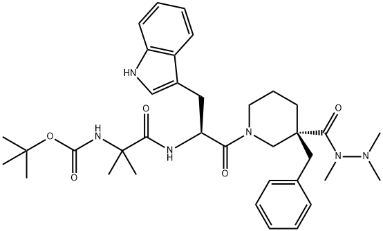 3-Piperidinecarboxylic acid, 1-[(2S)-2-[[2-[[(1,1-dimethylethoxy)carbonyl]amino]-2-methyl-1-oxopropyl]amino]-3-(1H-indol-3-yl)-1-oxopropyl]-3-(phenylmethyl)-, 1,2,2-trimethylhydrazide, (3R)- Structure