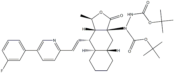 di-tert-butyl 1-((1R,3aS,4aS,8aR,9S,9aS)-9-((E)
-2-(5-(3-fluorophenyl)pyridin-2-yl)vinyl)-1-methyl-3-oxododecahydronaphtho[2,3-c]furan-3a-yl)hydrazine-1,2-dicarboxylate Structure