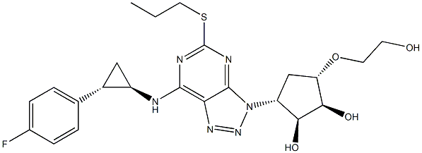 (1S,2S,3R,5S)-3-(7-(((1R,2S)-2-(4-fluorophenyl)cyclopropyl)amino)-5-(propylthio)-3H-[1,2,3]triazolo[4,5-d]pyrimidin-3-yl)-5-(2-hydroxyethoxy)cyclopentane-1,2-diol 化学構造式