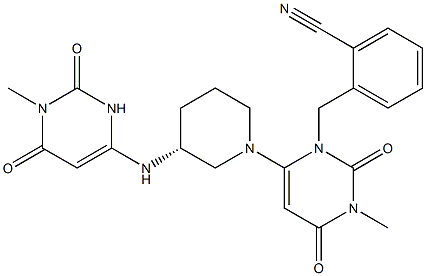 (R)-2-((3-methyl-6-(3-((1-methyl-2,6-dioxo-1,2,3,6-tetrahydropyrimidin-4-yl)amino)piperidin-1-yl)-2,4-dioxo-3,4-dihydropyrimidin-1(2H)-yl)methyl)benzonitrile Struktur