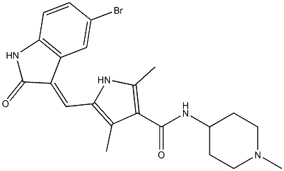 (E)-5-((5-bromo-2-oxoindolin-3-ylidene)methyl)-2,4-dimethyl-N-(1-methylpiperidin-4-yl)-1H-pyrrole-3-carboxamide 化学構造式