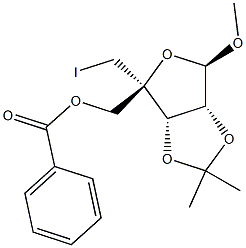 5-O-Benzoyl-4-C-iodomethyl-2,3-O-isopropylidene-1-O-methyl-beta-D-ribofuranose Structure