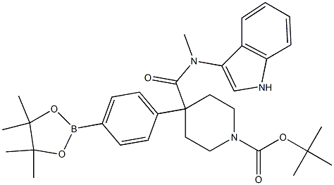 tert-butyl 4-((1H-indol-3-yl)methylcarbamoyl)-4-(4-(4,4,5,5-tetramethyl-1,3,2-dioxaborolan-2-yl)phenyl)piperidine-1-carboxylate Structure