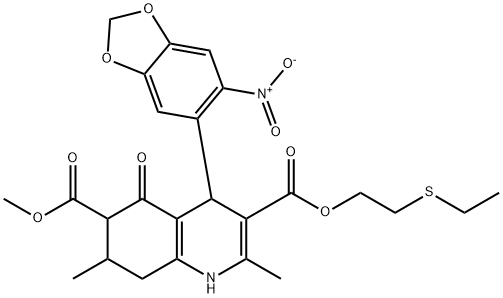 3-(2-(ethylthio)ethyl) 6-methyl 2,7-dimethyl-4-(6-nitrobenzo[d][1,3]dioxol-5-yl)-5-oxo-1,4,5,6,7,8-hexahydroquinoline-3,6-dicarboxylate Structure