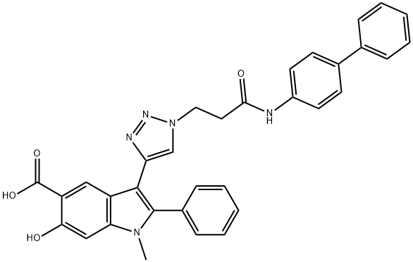 3-(1-(3-([1,1'-biphenyl]-4-ylamino)-3-oxopropyl)-1H-1,2,3-triazol-4-yl)-6-hydroxy-1-methyl-2-phenyl-1H-indole-5-carboxylic acid Struktur