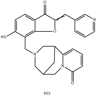 (Z)-3-((6-hydroxy-3-oxo-2-(pyridin-3-ylmethylene)-2,3-dihydrobenzofuran-7-yl)methyl)-3,4,5,6-tetrahydro-1H-1,5-methanopyrido[1,2-a][1,5]diazocin-8(2H)-one hydrochloride Structure