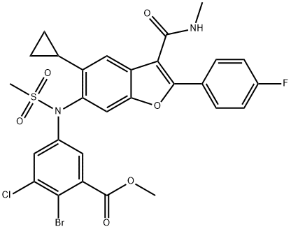 1423007-86-6 methyl 2-bromo-3-chloro-5-{N-[5-cyclopropyl-2-(4-fluorophenyl)-3-(methylcarbamoyl)-1-benzofuran-6-yl]methanesulfonamido}benzoate