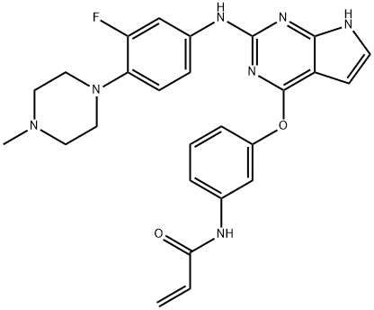 N-(3-{2-[3-Fluoro-4-(4-methyl-piperazin-1-yl)-phenylamino]-7H-pyrrolo[2,3-d]pyrimidin-4-yloxy}-phenyl)-acrylamide Struktur