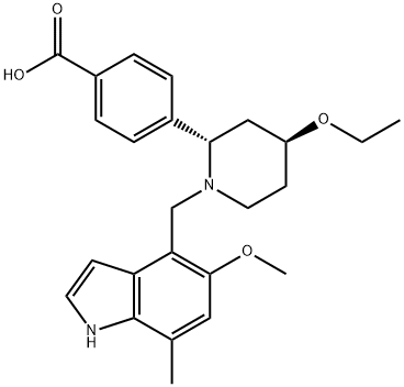 4-((2S,4S)-4-ethoxy-1-((5-methoxy-7-methyl-1H-indol-4-yl)methyl)piperidin-2-yl)benzoicacid Struktur