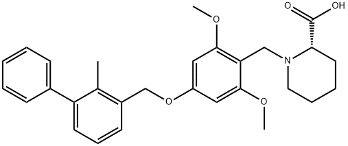 2-Piperidinecarboxylic acid, 1-[[2,6-dimethoxy-4-[(2-methyl[1,1'-biphenyl]-3-yl)methoxy]phenyl]methyl]-, (2S)- 化学構造式