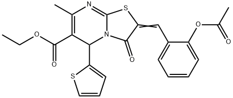 ethyl (2E)-2-[2-(acetyloxy)benzylidene]-7-methyl-3-oxo-5-(thiophen-2-yl)-2,3-dihydro-5H-[1,3]thiazolo[3,2-a]pyrimidine-6-carboxylate Struktur