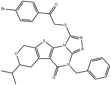 4-benzyl-1-((2-(4-bromophenyl)-2-oxoethyl)thio)-7-isopropyl-6,7-dihydro-4H-pyrano[4',3':4,5]thieno[3,2-e][1,2,4]triazolo[4,3-a]pyrimidin-5(9H)-one Struktur