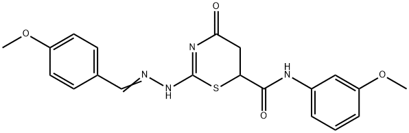 2-[(2E)-2-(4-methoxybenzylidene)hydrazinyl]-N-(3-methoxyphenyl)-4-oxo-5,6-dihydro-4H-1,3-thiazine-6-carboxamide Struktur