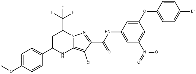 N-(3-(4-bromophenoxy)-5-nitrophenyl)-3-chloro-5-(4-methoxyphenyl)-7-(trifluoromethyl)-4,5,6,7-tetrahydropyrazolo[1,5-a]pyrimidine-2-carboxamide Struktur