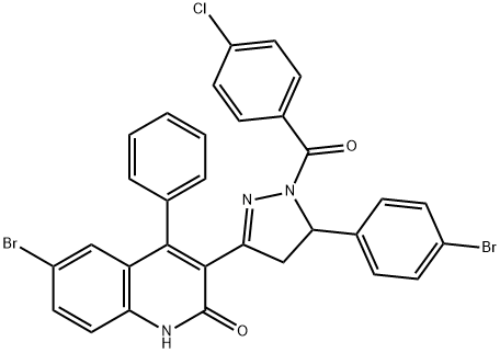 (3-(6-bromo-2-hydroxy-4-phenylquinolin-3-yl)-5-(4-bromophenyl)-4,5-dihydro-1H-pyrazol-1-yl)(4-chlorophenyl)methanone Struktur